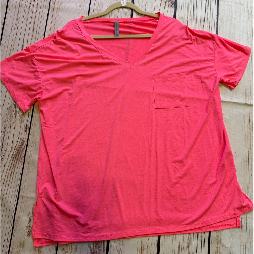 Honeyme Curvy Neon Pink V-Neck Pocket Tee Short Sleeve Oversized Top XXXL